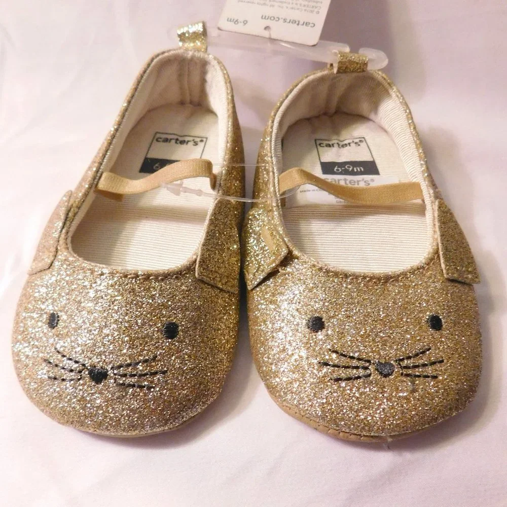 Carters Baby Girls Crib Shoes Gold Glitter Cat Design Size 6-9 Months NEW